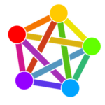 Five circles in a rainbow of colors, each connected to every other circle with a colored line.